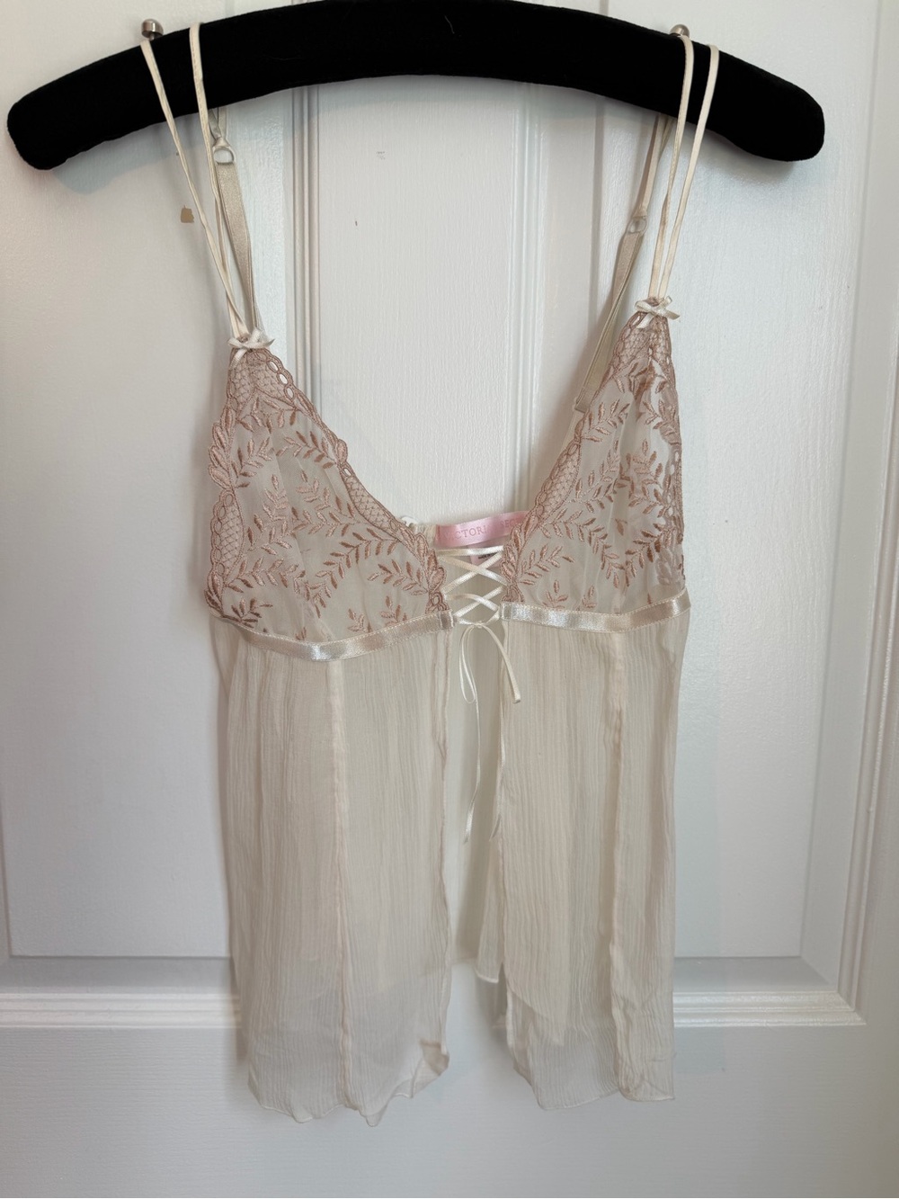 Victoria's Secret Sheer Lace-Trim Chemise and Thong in Cream with Toffee Lace